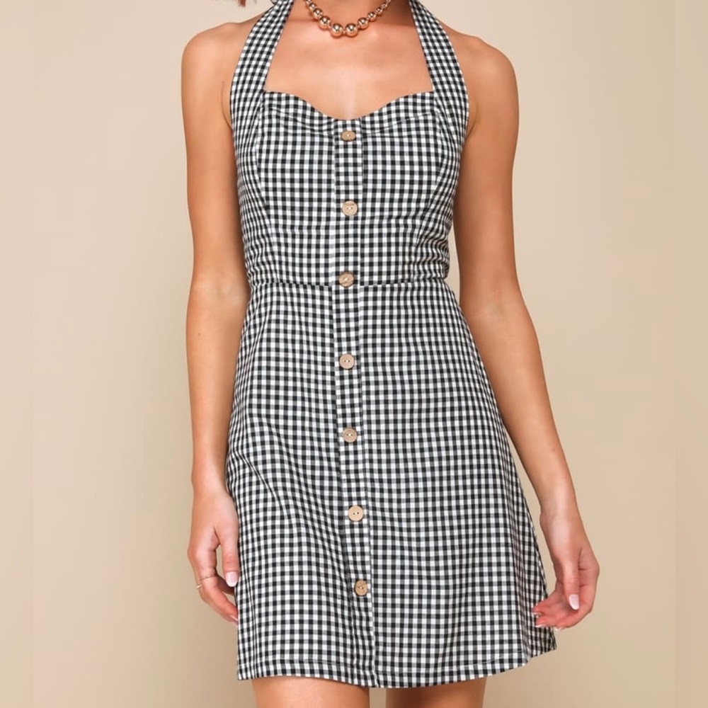 BRAND NEW Lulus Sweetest Expression Black Gingham Backless Halter Mini Dress